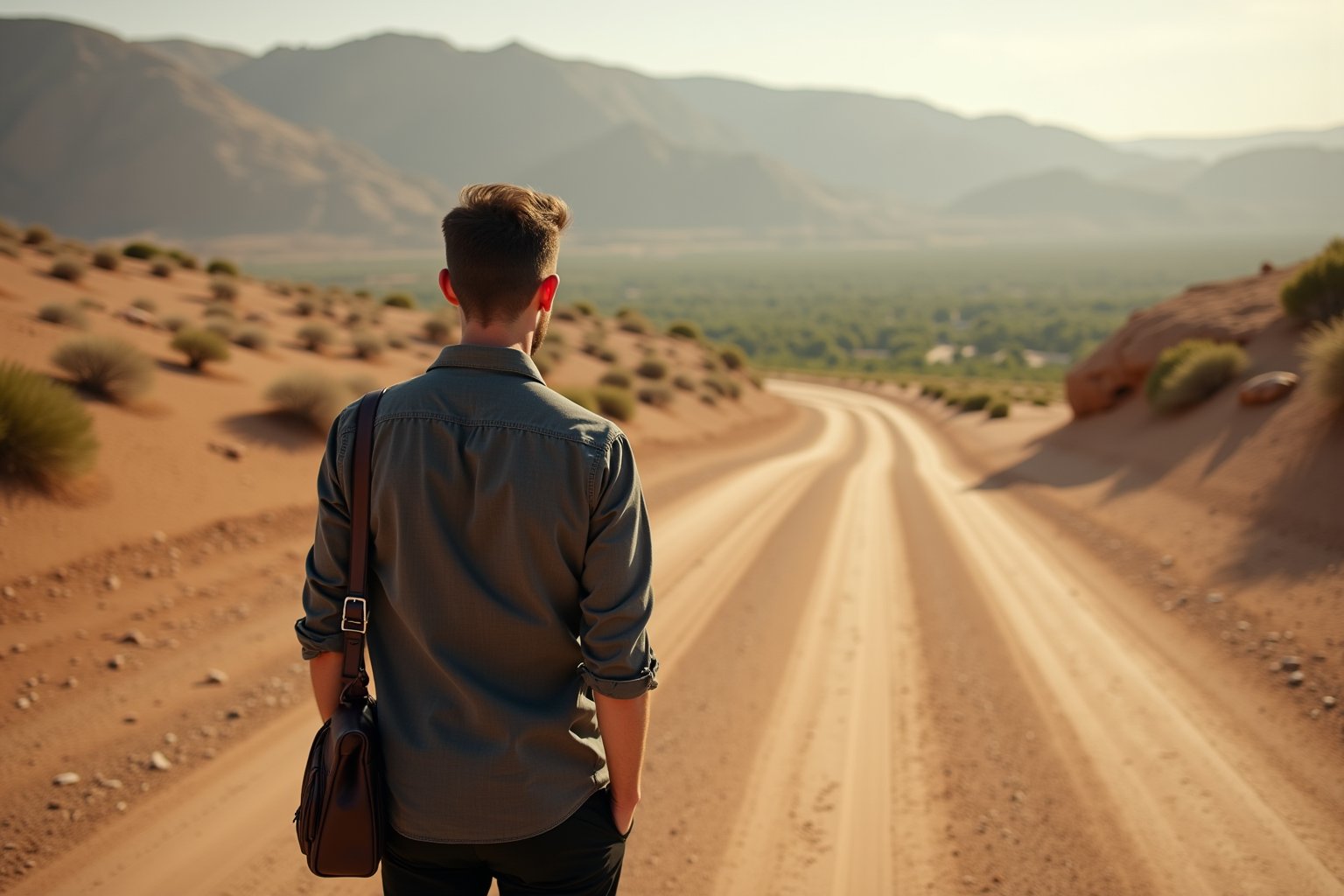 A man is at a fork i the road in the desert. The man wears a dark grey shirt and black pants wearing a bag. The road on the right lead to a distant oasis, is covered by a bright light. The road on the left is covered by a dark shadow. The man looks toward the lush green oasis.