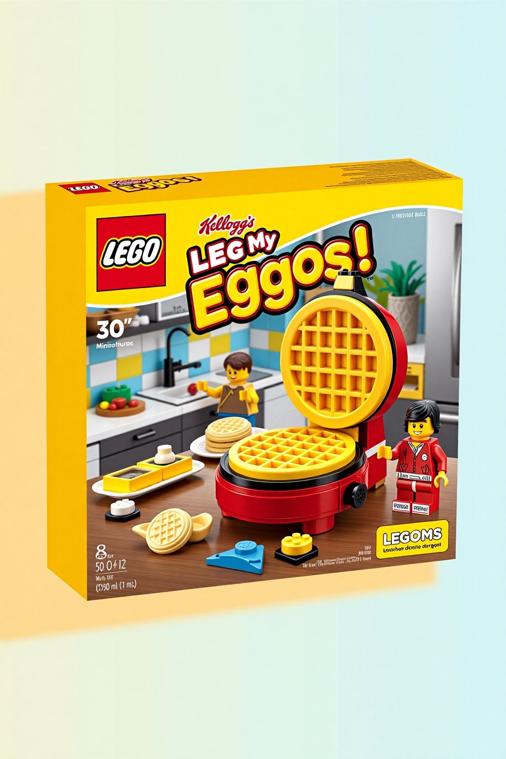 Visualize a vibrant Lego box set featuring a playful breakfast theme for "Kellogg's Eggo Waffles." The front of the box prominently displays a detailed Lego waffle maker build, complete with mini Lego Eggo Waffles and accessories like syrup bottles, butter pats, and tiny plates. The waffles themselves are constructed with Lego bricks, replicating the iconic golden, round Eggo shape.

Above the scene, bold text reads, "Lego My Eggos" in a fun, cartoonish font, tying together the playful nature of both brands. The box's background is bright and colorful, with a kitchen setting made of Lego bricks, where Lego minifigures are eagerly waiting for their waffles. The classic Kellogg's Eggo Waffles logo is featured on the top corner, blending seamlessly into the Lego-style packaging.
