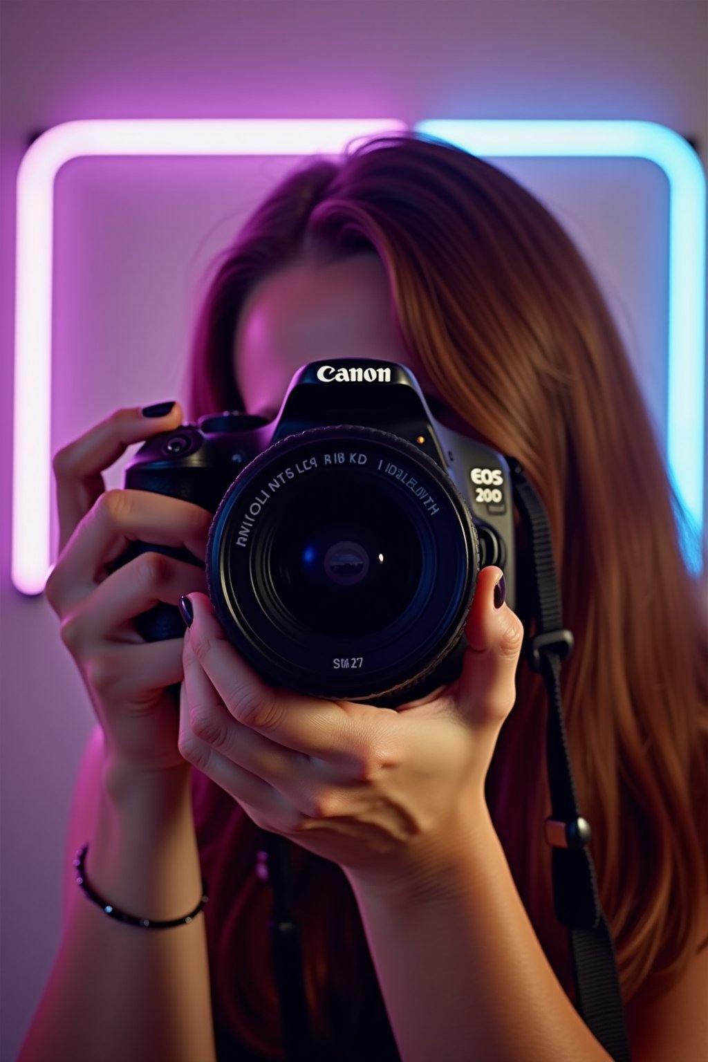 A warm sepia-toned overlay captures the nostalgic and timeless essence of the scene. The subject is a person with chestnut hair, holding a Canon EOS 200D DSLR camera, poised to take a photograph. The camera's black body contrasts with the warm tones of the hair and the soft, neutral background. The person's hands, with manicured nails painted in a dark shade, are steady and skilled, suggesting a familiarity and passion for photography. A blurred background isolates the subject, focusing the viewer's attention on the anticipation of the shot to come. Soft, diffused lighting casts gentle shadows that contour the subject's features and the camera, adding depth and dimension to the image. Neon lights in purple and blue create a dynamic backdrop, introducing an unexpected splash of color to the otherwise warm scene. This touch of modernity adds a layer of contrast, emphasizing the subject’s quiet concentration, the thrill of the capture, and the beauty of the everyday. The neon glow subtly interacts with the sepia tones, casting colorful reflections and enhancing the depth and mood of the scene.