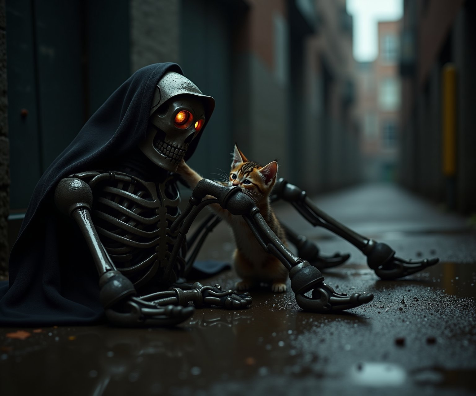 A broken terminator robot skeleton, covered in a hood, lay abandoned in a rain-soaked back alley. The weathered metal contrasts with the damp pavement, creating an eerie atmosphere. A curious kitten cautiously explores the skeleton's legs, its fur glistening with raindrops. The overall ambiance of the image is both melancholic and mysterious, evoking a sense of abandonment and the passage of time.