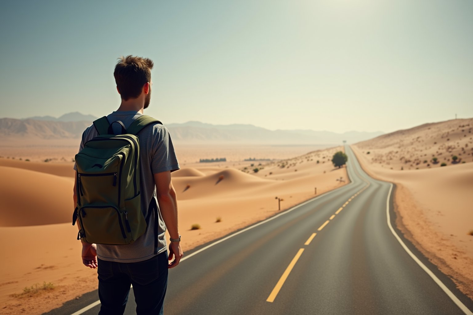 Two divergent roads at a desert. The man wears a dark grey shirt and black pants wearing a backpack. The road on the right lead to a distant oasis, is covered by a bright light. The road on the left is covered by a dark shadow. The man looks toward the lush green oasis.