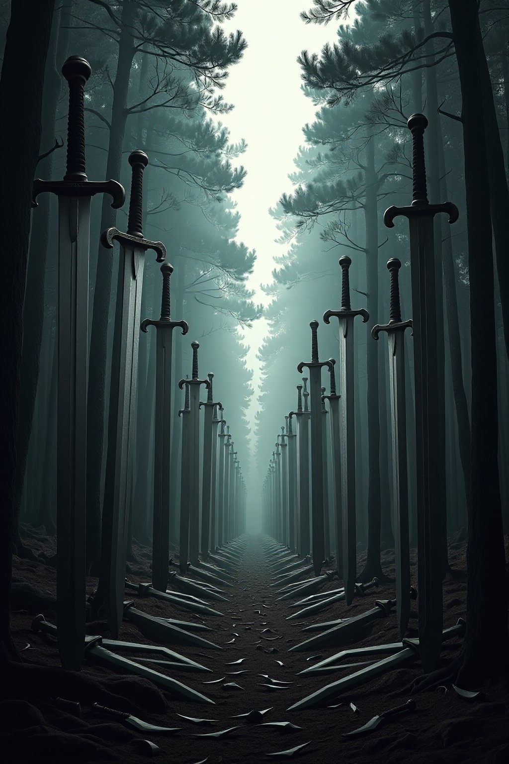 "In a fantastical and eerie scene, a dense forest is entirely composed of swords instead of trees. Each sword stands upright, its blade buried deep into the ground, with hilts and crossguards forming the 'branches' and 'foliage.' The swords vary in size and style, from massive, ancient broadswords with weathered, rusted blades to sleek, gleaming katanas that catch the light. The ground is littered with smaller, broken blades and shards of metal, creating a jagged, metallic underbrush. As the eye moves deeper into the forest, the swords become more densely packed, their sharp edges glinting ominously in the dim light. The sky above is overcast, with a faint, ghostly mist hanging in the air, adding to the otherworldly atmosphere of this strange, dangerous landscape. The overall scene is both majestic and foreboding, a place where nature and weaponry have merged into one."