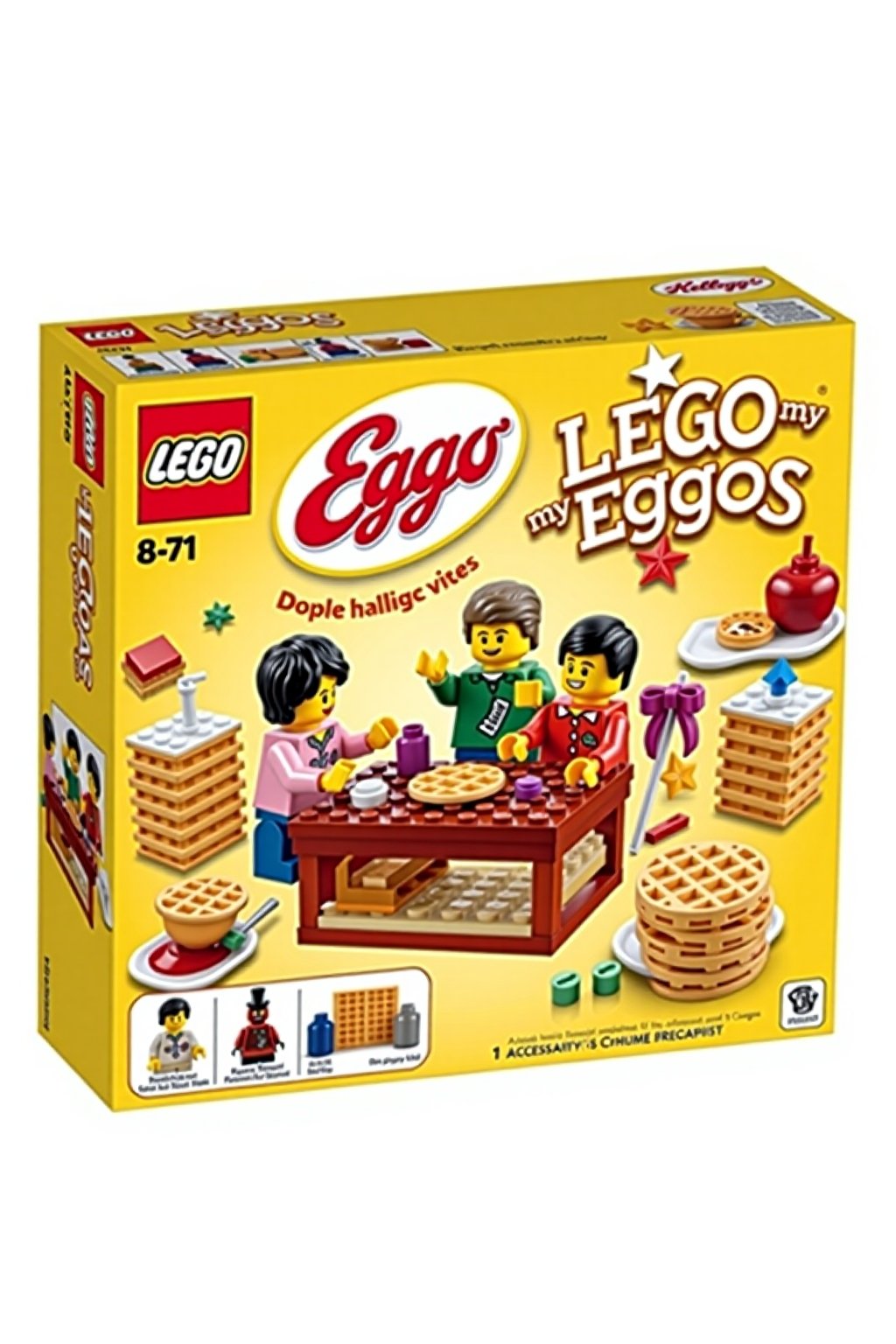 A colorful Lego box set featuring Kellogg's Eggo Waffles. The front of the box shows a playful scene where Lego characters are building a breakfast table with stacks of Lego Eggo waffles. The iconic Kellogg's Eggo logo is prominently displayed, along with the playful tagline "Lego my Eggos" in bold, fun lettering. The box features bright yellow and red colors, mimicking the look of the real Eggo packaging, and includes images of waffle pieces, syrup bottles, and other breakfast-themed Lego accessories. The overall design combines the charm of Lego with a breakfast favorite, making it feel fun and collectible.