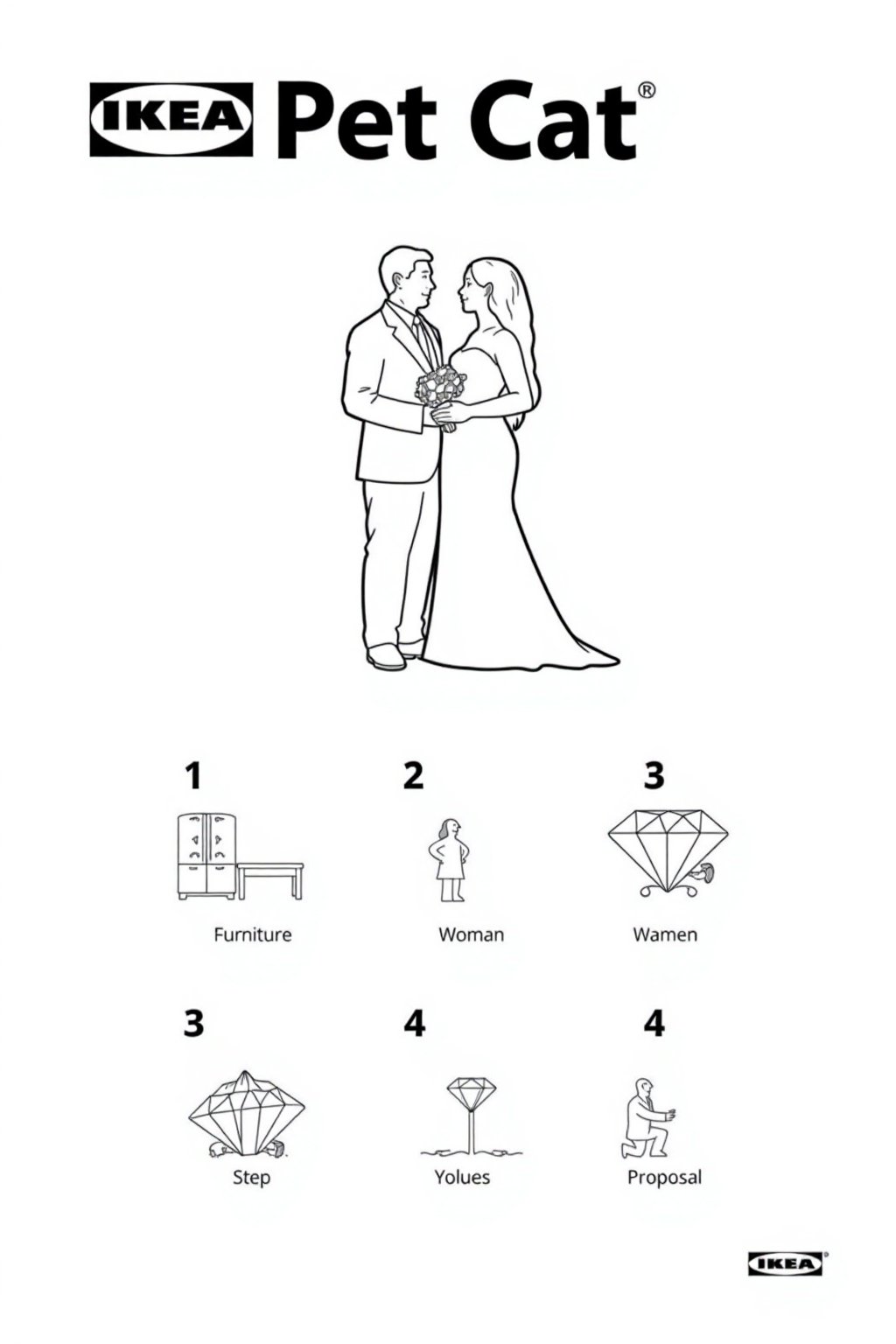 This image is a black-and-white line drawing, styled as a product listing for IKEA, featuring a couple getting married.

Below the couple, there are four numbered steps, each accompanied by a small, detailed illustration. Step 1: Furniture is shown, "Furniture". Step 2: A small woman is depicted, "Woman ". Step 3: A small diamond, "Diamond". Step 4: A small man kneeling, proposing to a small woman is illustrated, "Proposal".

The background is plain white, with the IKEA logo and "Pet Cat" in bold, uppercase letters at the top.
