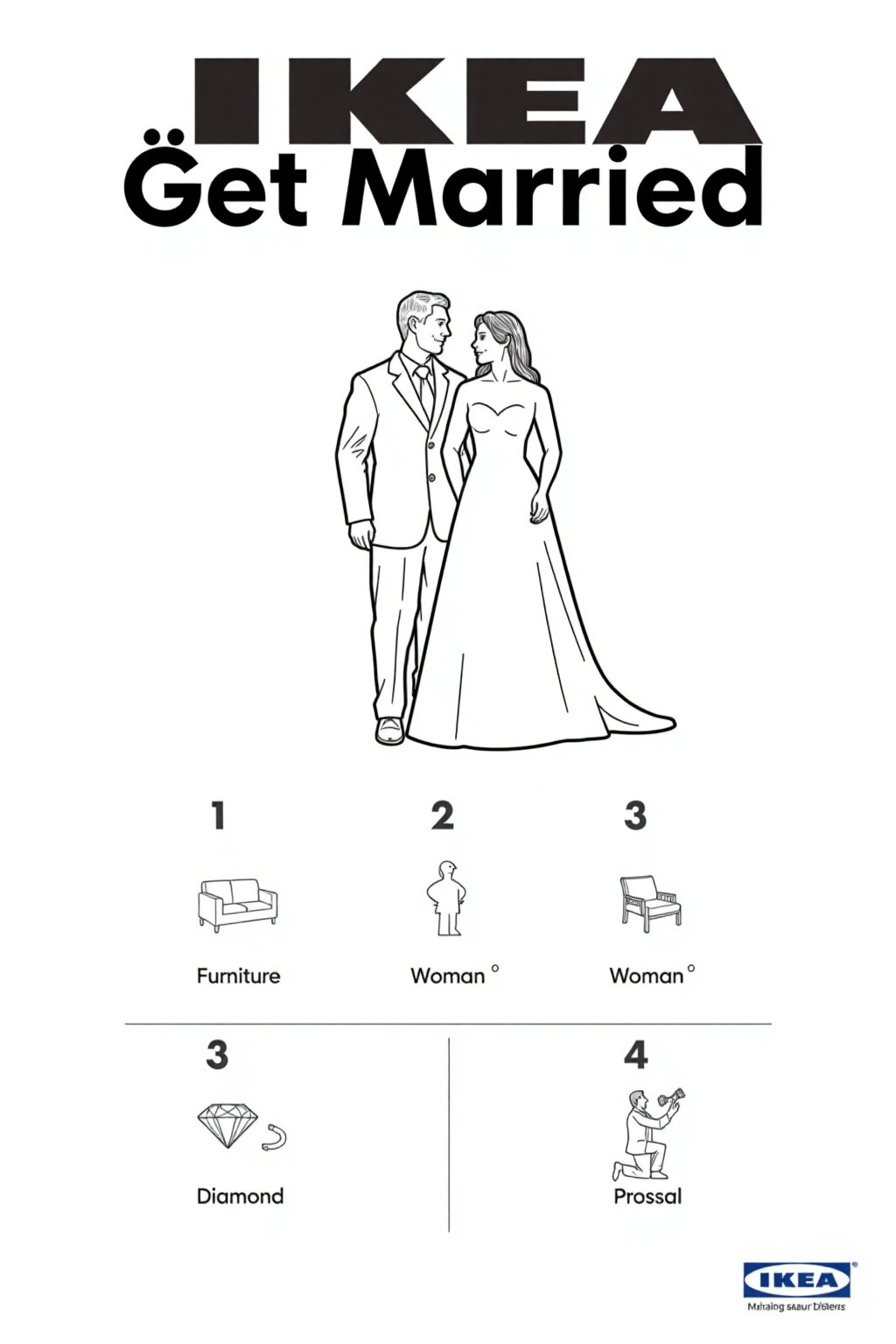 This image is a black-and-white line drawing, styled as a product listing for IKEA, featuring a couple getting married.

Below the couple, there are four numbered steps, each accompanied by a small, detailed illustration. Step 1: Furniture is shown, "Furniture". Step 2: A small woman is depicted, "Woman ". Step 3: A small diamond, "Diamond". Step 4: A small man kneeling, proposing to a small woman is illustrated, "Proposal". The background is plain white, with the IKEA logo and "Get Married" in bold, uppercase letters at the top.
