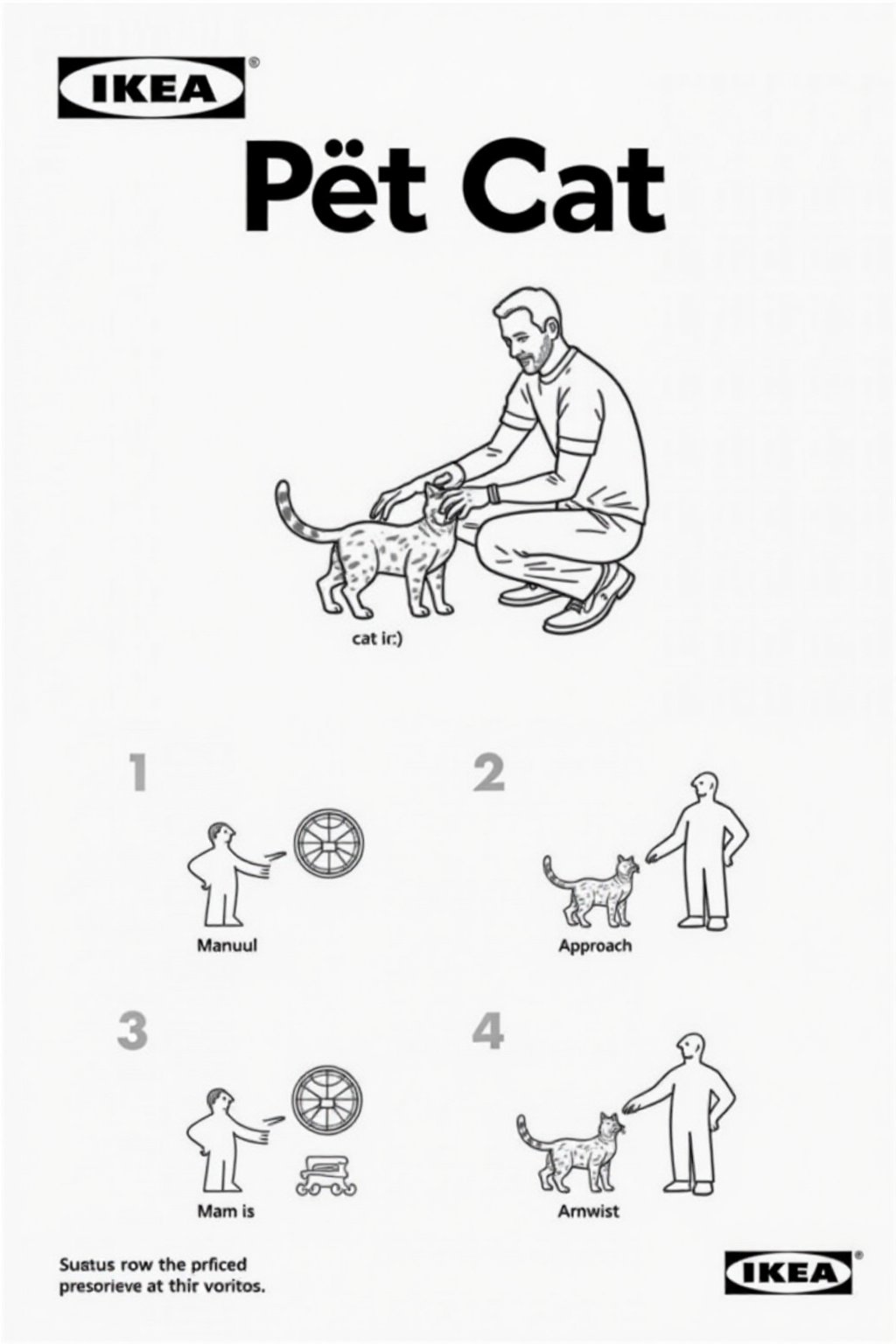 This image is a black-and-white line drawing, styled as a product listing for IKEA, featuring a man peting a cat.

Below the man and the cat, there are four numbered steps, each accompanied by a small, detailed illustration. Step 1: A small cat is shown, "cat". Step 2: A small man is depicted, "Man ". Step 3: A small man standing beside cat is shown, "Approach". Step 4: A small man petting the cat is illustrated, "Man pets cat".

The background is plain white, with the IKEA logo and "Pet Cat" in bold, uppercase letters at the top.
