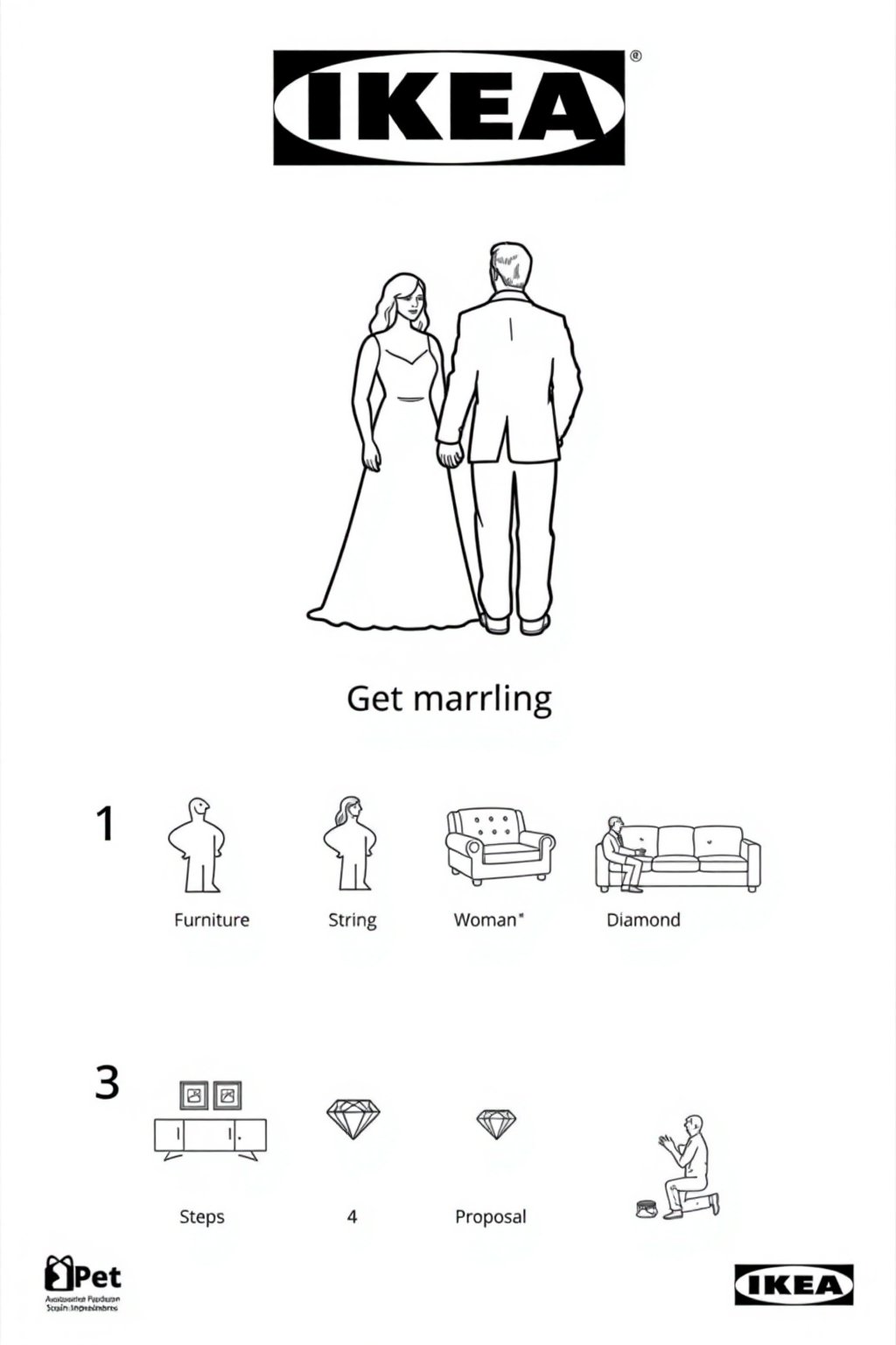 This image is a black-and-white line drawing, styled as a product listing for IKEA, featuring a couple getting married.

Below the couple, there are four numbered steps, each accompanied by a small, detailed illustration. Step 1: Furniture is shown, "Furniture". Step 2: A small woman is depicted, "Woman ". Step 3: A small diamond, "Diamond". Step 4: A small man kneeling, proposing to a small woman is illustrated, "Proposal".

The background is plain white, with the IKEA logo and "Pet Cat" in bold, uppercase letters at the top.
