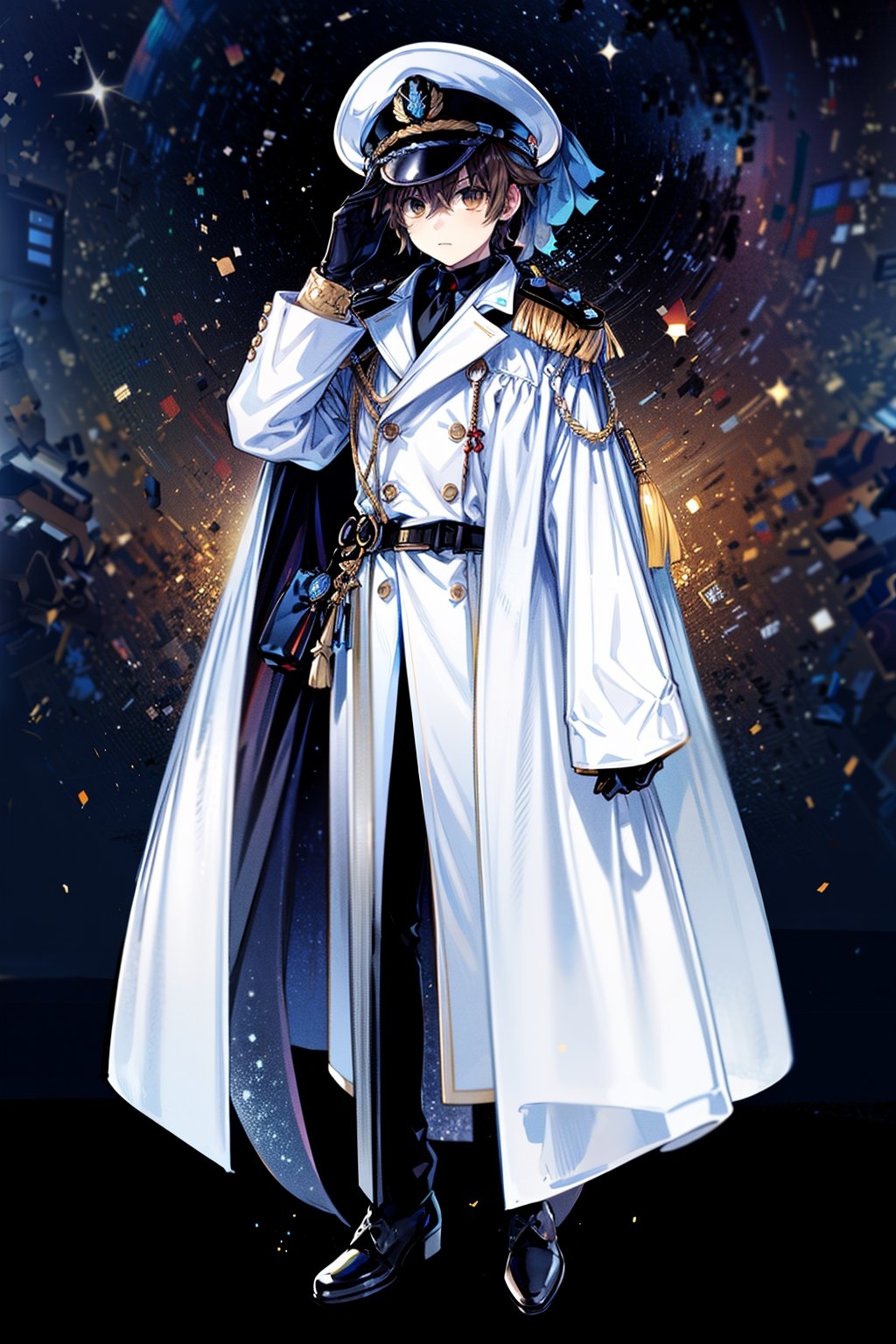 Hight Detailed, Hight Quality, Masterpiece,Beatifull,(Mediun long short),1boy,Adjusting gloves,adjusting gloves, twenty year old young man, brown hair with irregular fragment of white in the hair, brown amber eye color, tall, white Japanese military uniform, wears glasses, white captain's naval hat, white open trench coat, black belt, black shoes, space command center, detailed,background in outer space,