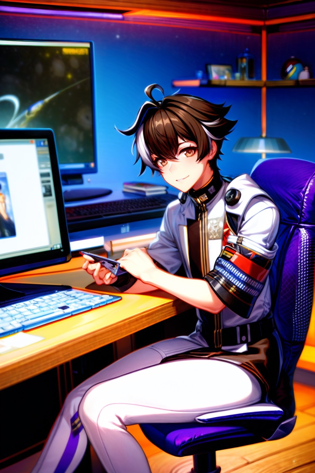  twenty year old space captain, brown hair, white locks of hair, sitting in an office, looking trading cards in hand, bedroom , computer table,, twenty year old space captain, brown hair, white locks of hair, sitting in an office, looking at trading cards, computer table,military_uniform Japanese navy,

