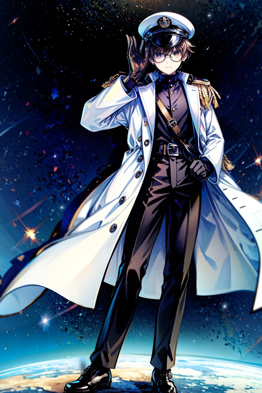 Hight Detailed, Hight Quality, Masterpiece,Beatifull,(Mediun long short),1boy,Adjusting gloves,adjusting gloves, twenty year old young man, brown hair with irregular fragment white, brown amber eye color, tall, white Japanese military uniform, wears glasses, white captain's naval hat, white open trench coat, black belt, black shoes, space command center, detailed,