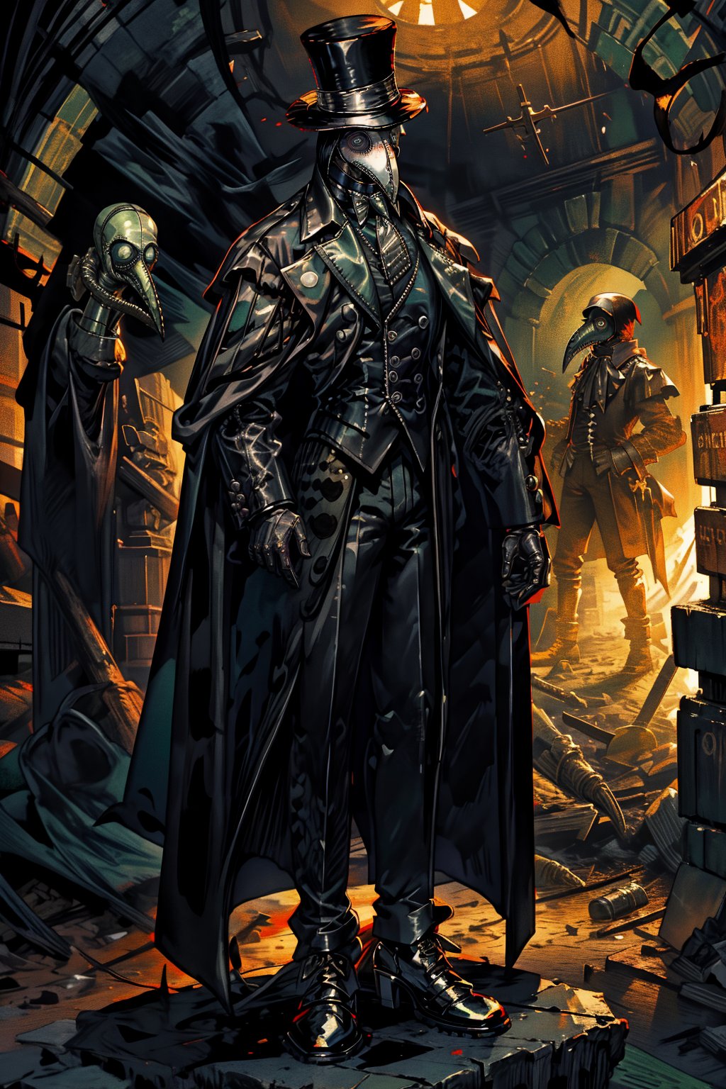 High quality, masterpiece, epic, 1 man, ((long black coat)), dark green vest, ((formal top hat,)) short hair, black hair, standing in ancient crypt, ((plague doctor))