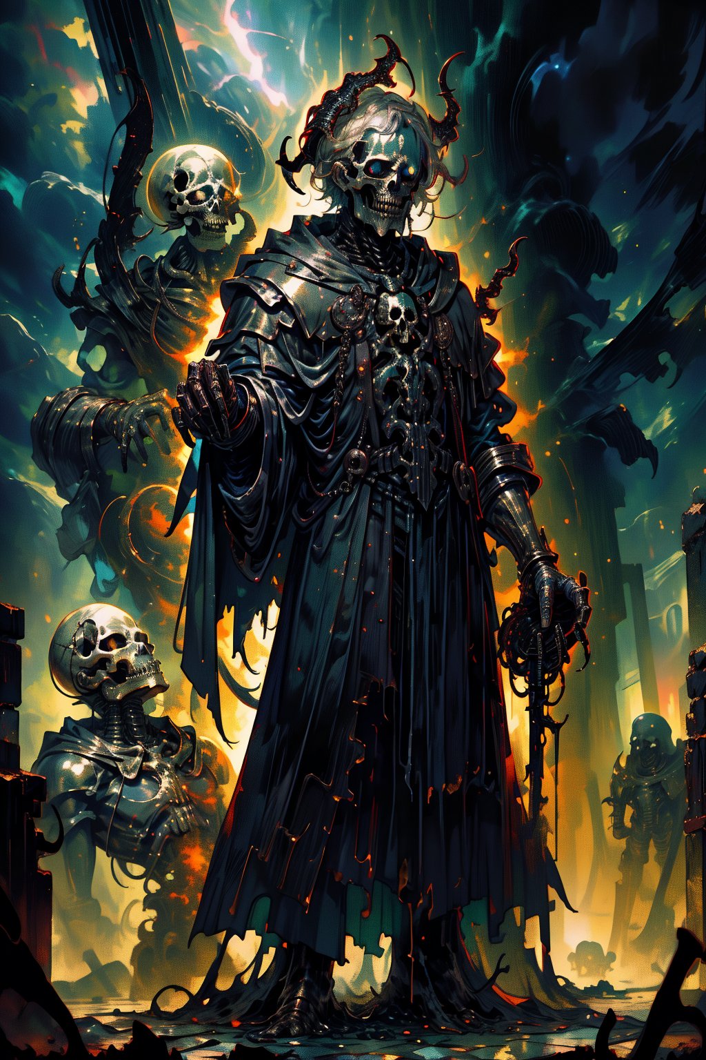 High quality, masterpiece, epic, ((1 man,)) ((partial metallic corruption of body)), short silver hair,blue torn poncho, black metal, ((older man)), ((necromancer)), looking at skull in hand, standing in dark eldritch village,