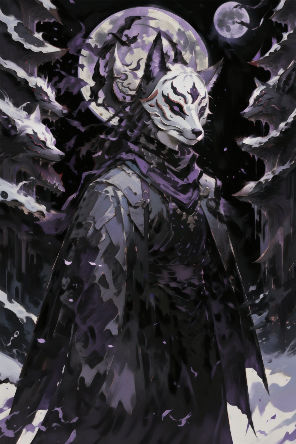 High quality, masterpiece, epic, 1 man, ((black fox mask)), ((black long coat,)) low ponytail, black monk uniform, purple cloth, walking in empty snowy forest with moon above, ((long purple scarf)), fox ears, full_mask,nodf_lora,Detail