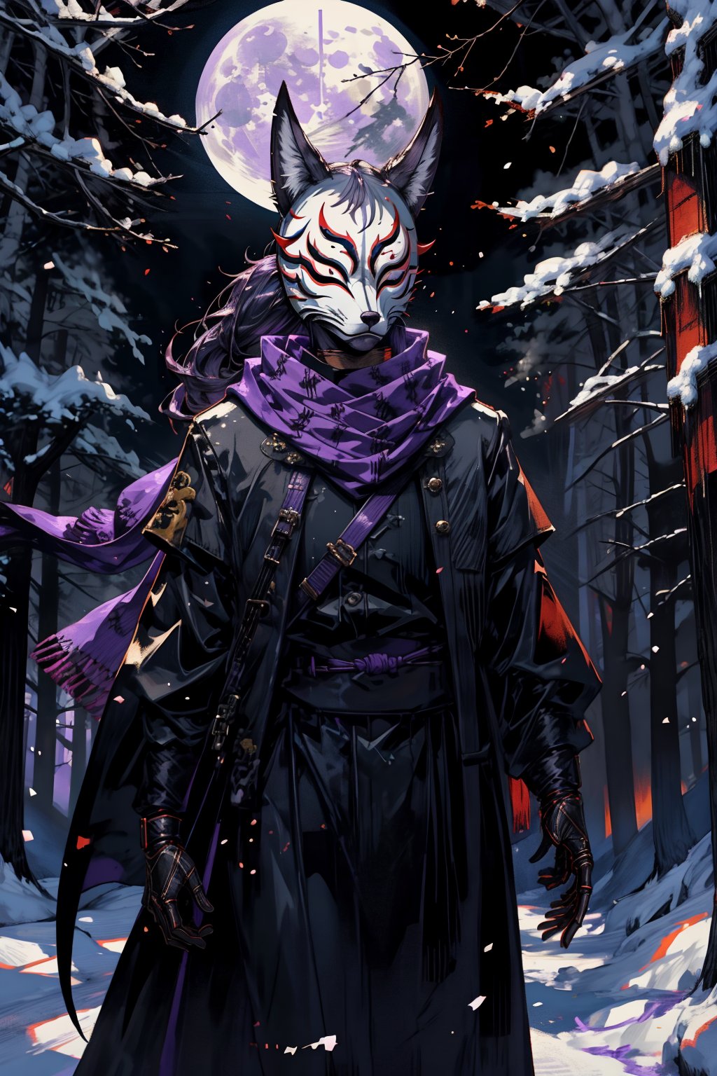 High quality, masterpiece, epic, 1 man, ((black fox mask)), ((black long coat,)) low ponytail, black ninja uniform, purple cloth, walking in empty snowy forest with moon above, ((long purple scarf)), fox ears, full_mask,nodf_lora