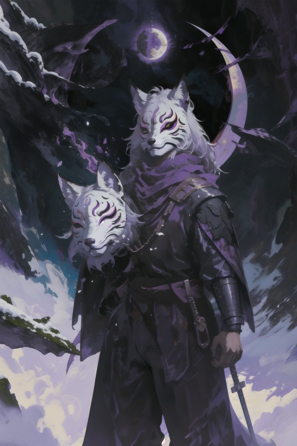 High quality, masterpiece, epic, 1 man, ((fox mask)), ((black long coat,)) low ponytail, black shinobi clothing, baggy pants, weaving illusion spell in empty snowy forest with moon above, ((long purple scarf)), fox ears, full_mask,More Detail