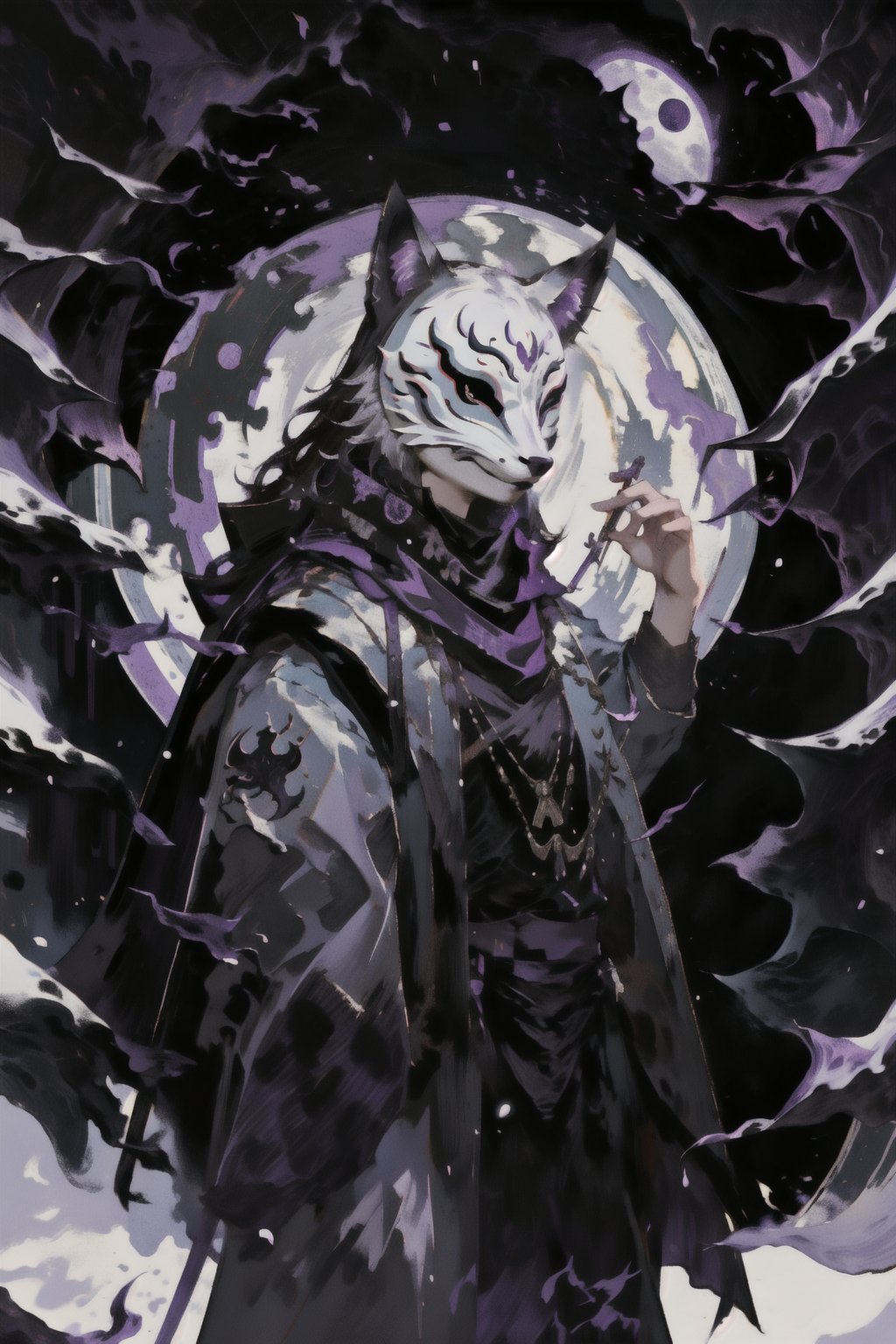 High quality, masterpiece, epic, 1 man, ((black fox mask)), ((black long coat,)) low ponytail, black monk uniform, purple cloth, walking in empty snowy forest with moon above, ((long purple scarf)), fox ears, full_mask,nodf_lora,Detail