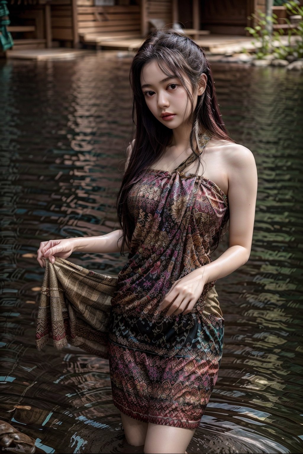 The image features a woman standing in a body of water, possibly a river or pond. She is wearing a colorful, patterned dress that reaches her mid-thigh. The dress appears to be made of a lightweight fabric, suitable for warm weather. The woman has long, dark hair and is looking down at her dress, which is partially lifted, revealing her legs. Her expression is neutral, and she seems to be in a contemplative or relaxed state.
