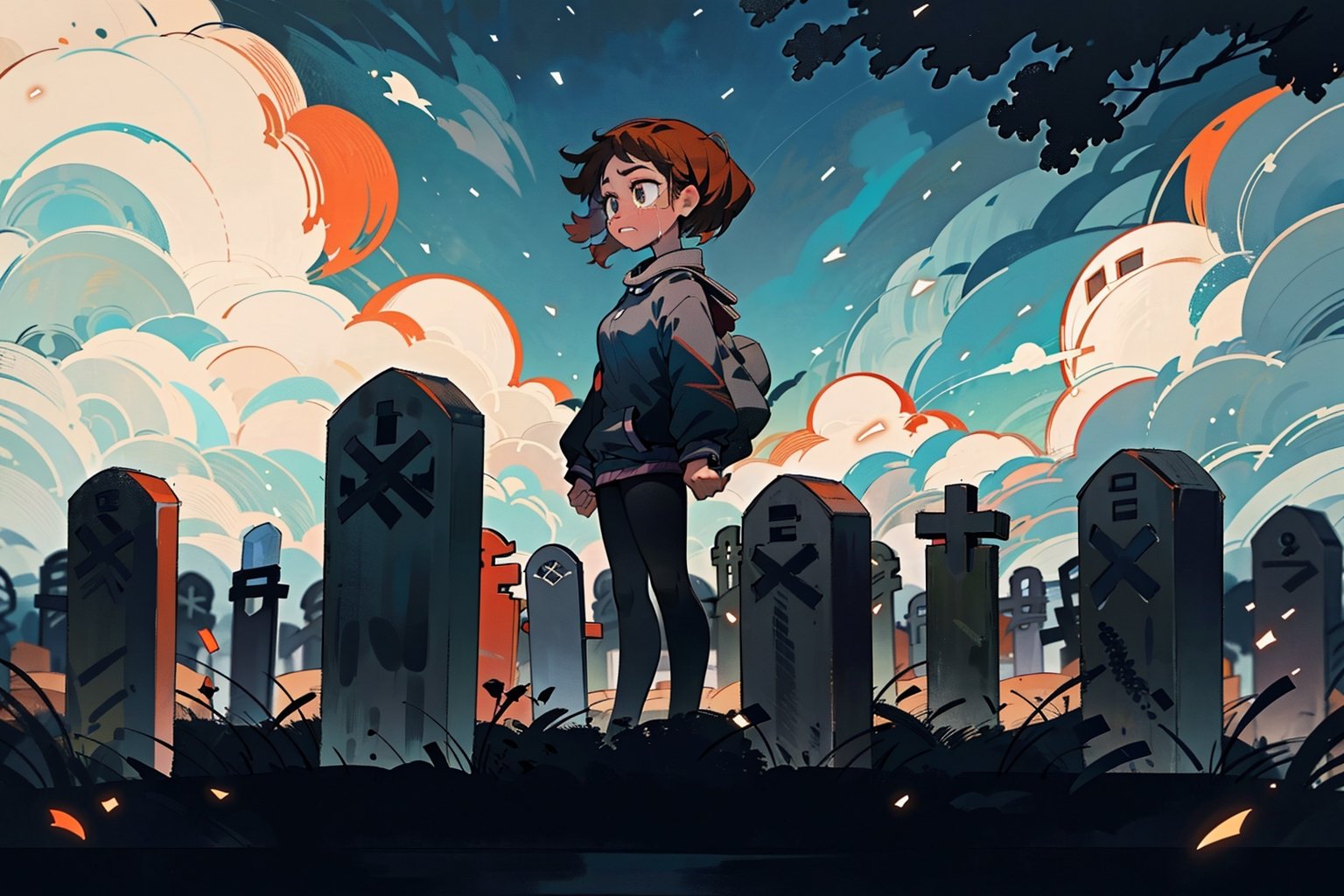 highly detailed, high quality, beautiful,(full body), solo, Ochako Urarako, sad, sad eyes, crying, background: in a cemetery, tombstone, front of a tombstone, raining, cloudy sky, muted colors, grey sky, looking the tombstone, black clothes, lateral plane, side profile plane, cold colors.,perfect