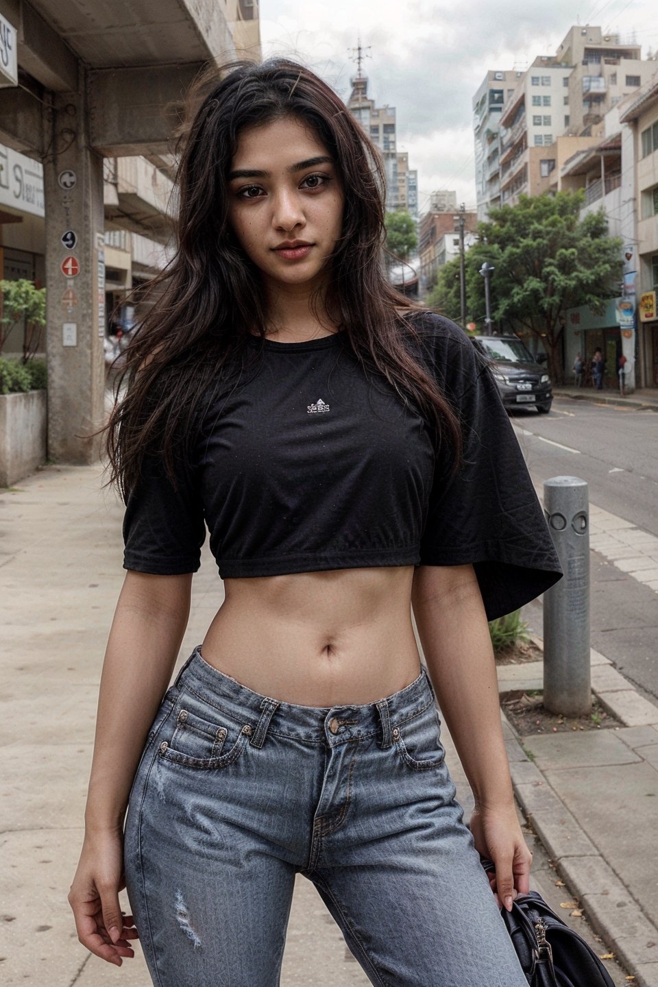 lovely cute young attractive indian teenage girl, big city girl, 18 years old, cute, an Instagram model, long black_hair, colorful hair, hot, dacing, wear black top, jeans,Indian