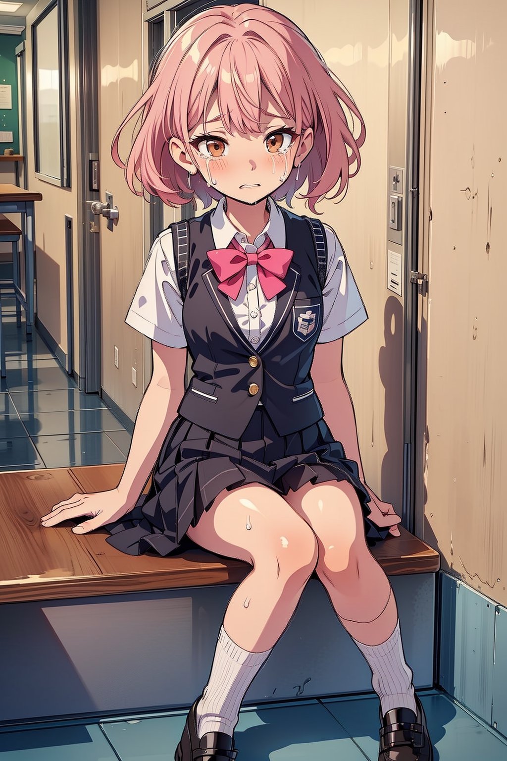 Highly detailed, High quality, masterpiece, beautiful, (medium short), mature_woman, sitting on the floor crying, (crying eyes, sad expression, pink_hair, brown eyes, small breasts, very thin), (school dress, vest black with white blouse, black skirt, long white socks, black school shoes), (detailed background, in an empty school hallway)