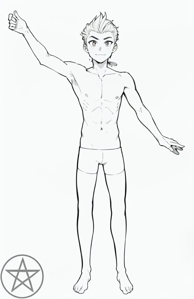 solo, smile, simple background, thighhighs, 1boy, white background, standing, monochrome, full body, greyscale, male focus, topless male, hair slicked back, barefoot, :|, serious expression