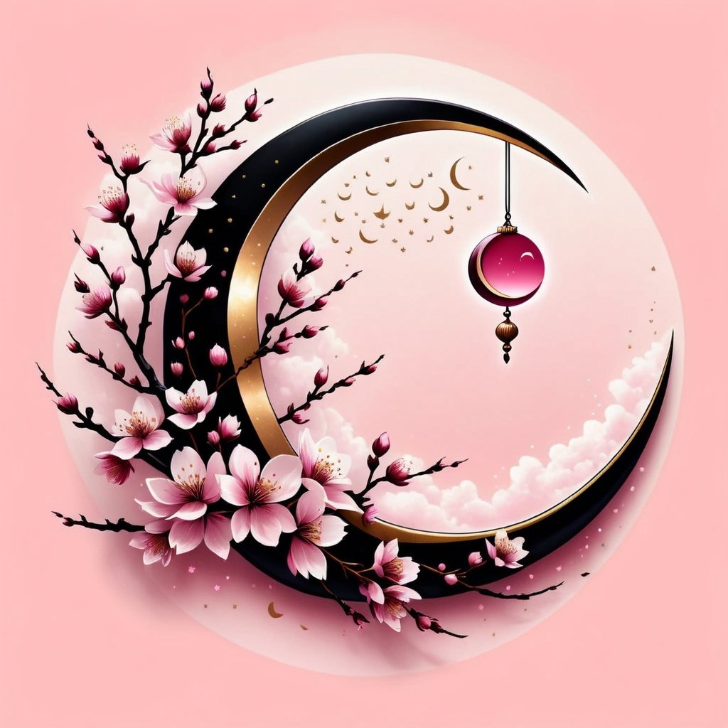 crescent_moon_cherry_blossom_petal_symbol,Leonardo Style,T shirt design