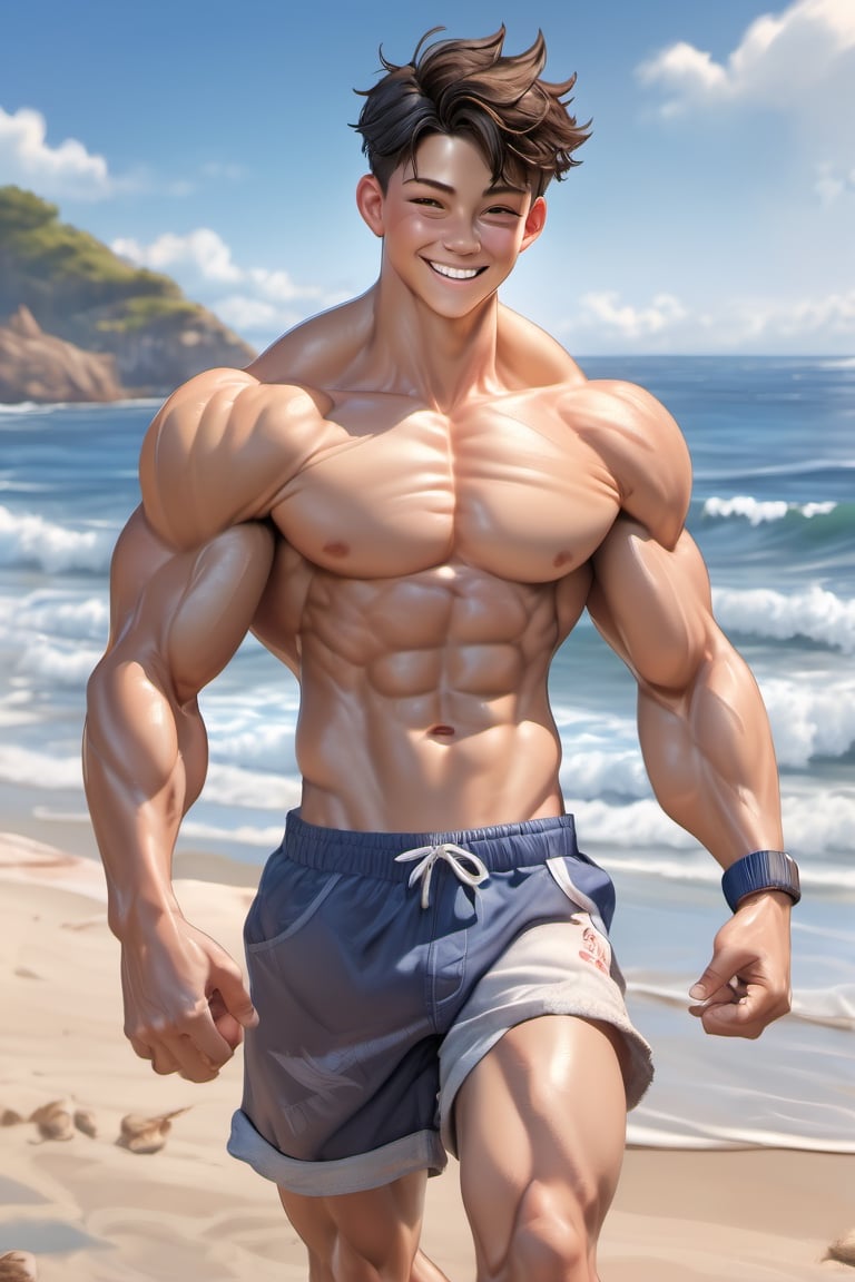 16 years old, wide shoulders, muscular, middle part, muscular body, shirtless, shorts, beach, ocean, smile, cutting training, sweat, full_body, ultra realistic illustration, siena natural ratio, ultra hd, realistic, vivid colors, highly detailed, UHD drawing, perfect composition, ultra hd, 8k