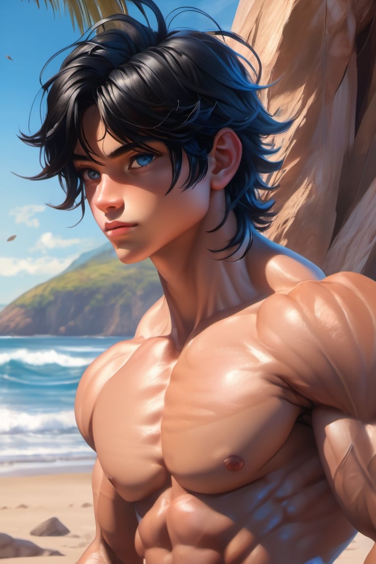 lovers, 16 years old, muscular, black hair, blue eyes, latino cute boy, muscular body, shirtless, sunshine, beautiful and aesthetic, beach, ocean, cutting training, sweat, very large biceps, full_body, ultra realistic illustration,siena natural ratio, ultra hd, realistic, vivid colors, highly detailed, UHD drawing, perfect composition, ultra hd, 8k, he has an inner glow, stunning, mythical being, energy, pure perfection, divine presence, unforgettable, impressive, breathtaking beauty