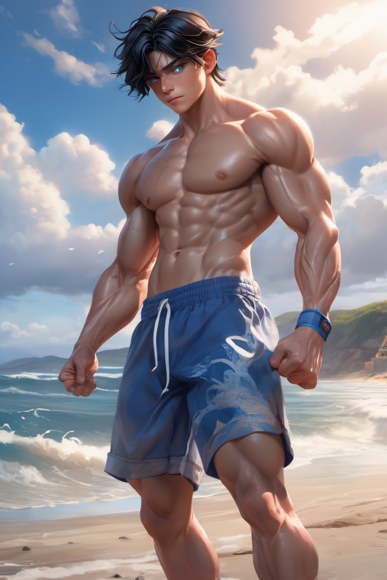 16 years old, muscular, middle part hair, black hair, blue eyes, collarbone, muscular body, shirtless, shorts, beach, ocean, cutting training, sweat, full_body, ultra realistic illustration, siena natural ratio, ultra hd, realistic, vivid colors, highly detailed, UHD drawing, perfect composition, ultra hd, 8k, he has an inner glow, stunning, something that even doesn't exist, mythical being, energy, pure perfection, divine presence, unforgettable, impressive, breathtaking beauty