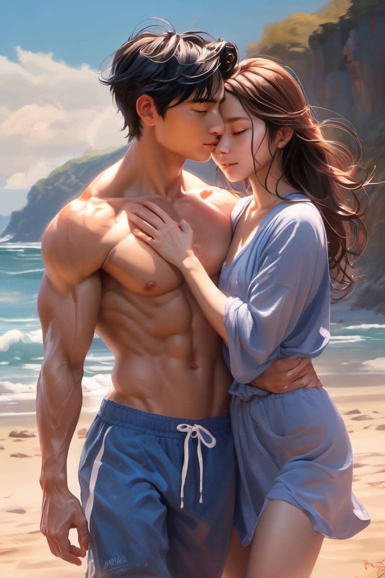 lovers, love couple, 16 years old, asian girl, muscular, blue eyes, latino cute boy, muscular body, shirtless, naked, sunshine, beautiful and aesthetic, beach, ocean, cutting training, sweat, turning to look at me, full_body, ultra realistic illustration,siena natural ratio, ultra hd, realistic, vivid colors, highly detailed, UHD drawing, perfect composition, ultra hd, 8k, he has an inner glow, stunning, mythical being, energy, pure perfection, divine presence, unforgettable, impressive, breathtaking beauty