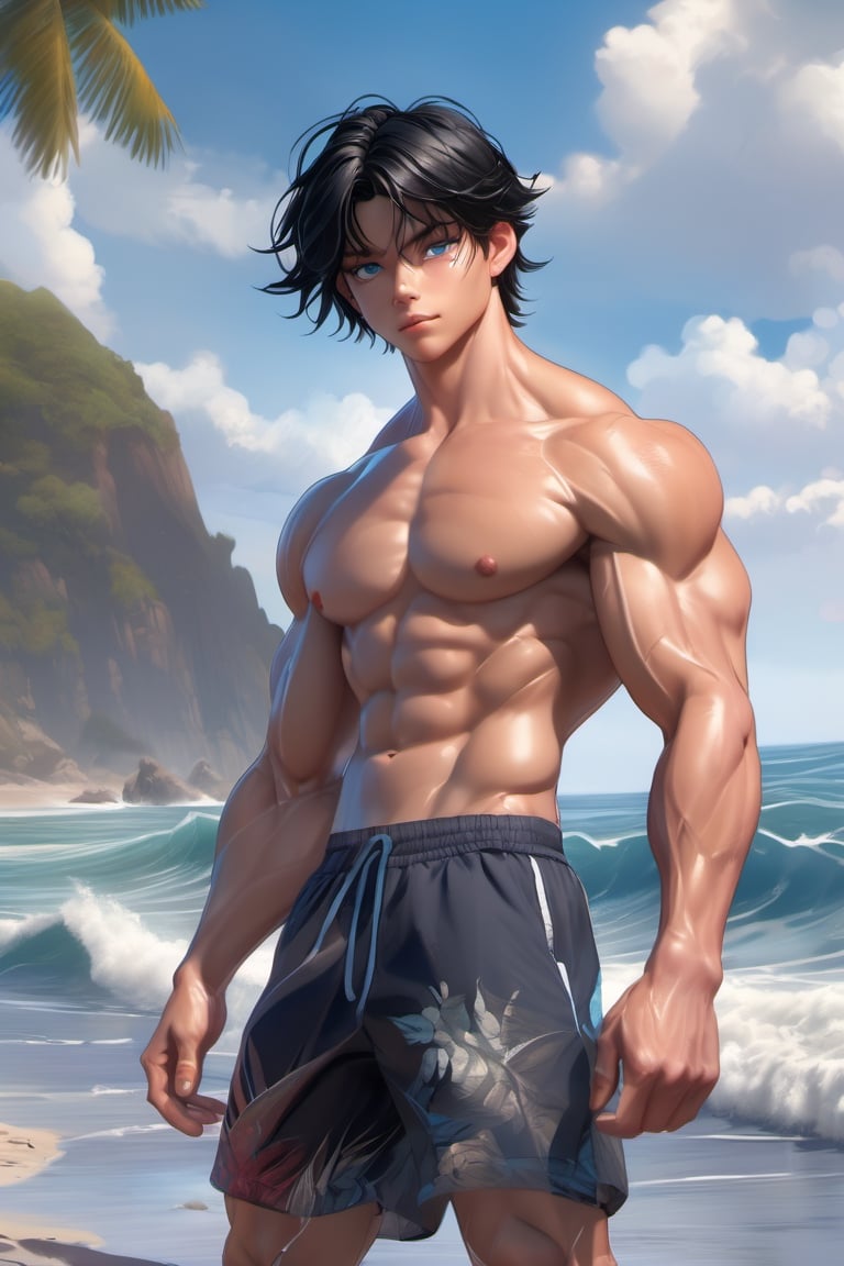 16 years old, muscular, middle part hair, black hair, blue eyes, collarbone, muscular body, shirtless, palm, beach, ocean, cutting training, sweat, full_body, ultra realistic illustration, siena natural ratio, ultra hd, realistic, vivid colors, highly detailed, UHD drawing, perfect composition, ultra hd, 8k, he has an inner glow, stunning, something that even doesn't exist, mythical being, energy, pure perfection, divine presence, unforgettable, impressive, breathtaking beauty