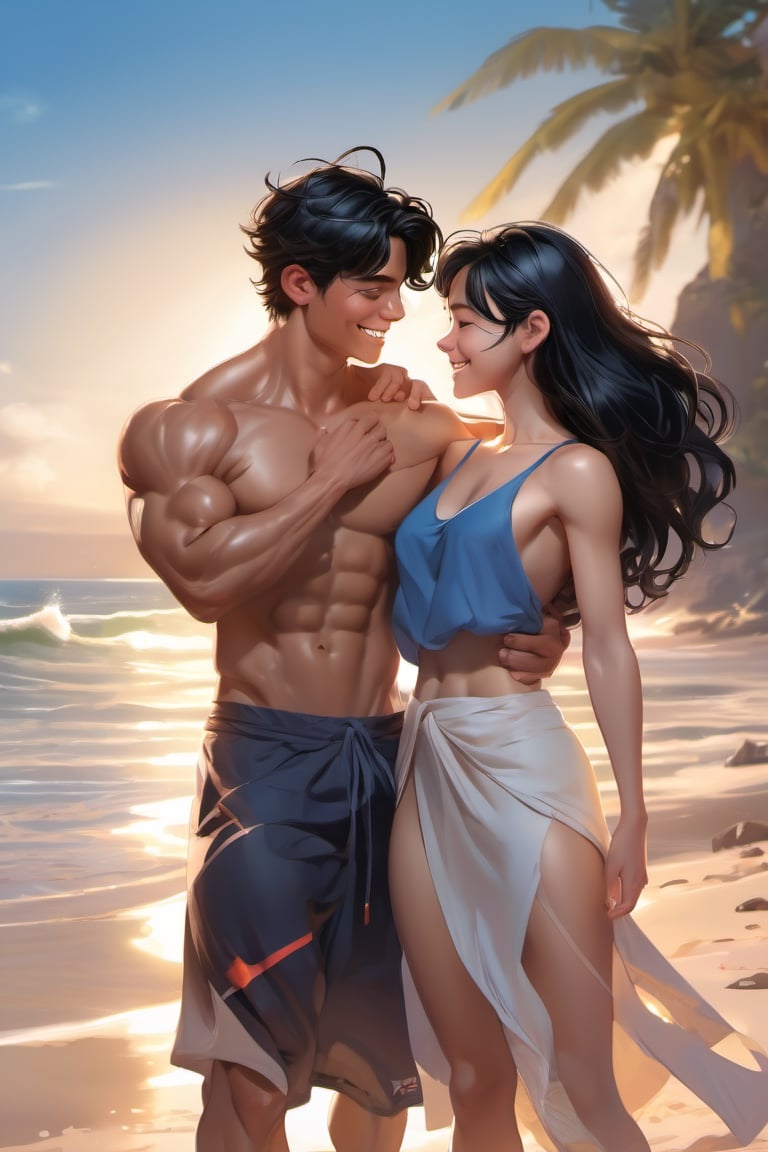 lovers, love couple, 16 years old girl, muscular, black hair, blue eyes, latino cute boy, cute smile, muscular body, shirtless, sunshine, beautiful and aesthetic, beach, ocean, cutting training, sweat, very large biceps, full_body, ultra realistic illustration,siena natural ratio, ultra hd, realistic, vivid colors, highly detailed, UHD drawing, perfect composition, ultra hd, 8k, he has an inner glow, stunning, mythical being, energy, pure perfection, divine presence, unforgettable, impressive, breathtaking beauty