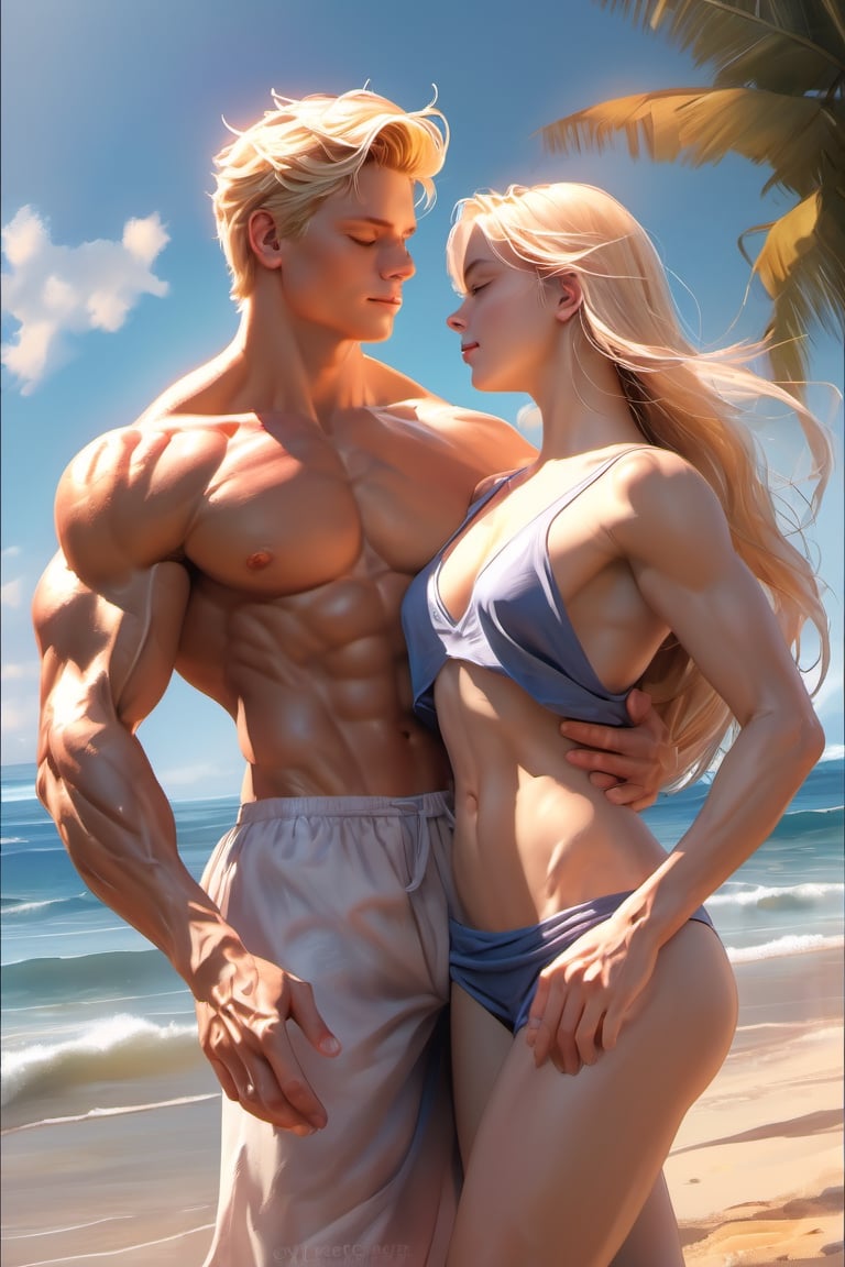 lovers, love couple, 16 years old, girl, blond, muscular, blue eyes, large physique boy, very high boy, Biceps, muscular body, shirtless, naked, sunshine, beautiful and aesthetic, beach, ocean, cutting training, sweat, full_body, ultra realistic illustration,siena natural ratio, ultra hd, realistic, vivid colors, highly detailed, UHD drawing, perfect composition, ultra hd, 8k, he has an inner glow, stunning, mythical being, energy, pure perfection, divine presence, unforgettable, impressive, breathtaking beauty