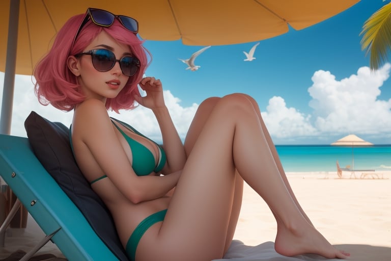 A carefree and radiant girl with pink hair, which cascades down her back in gentle waves, contrasting beautifully against her bright blue eyes. She has a sun-kissed complexion and a slender figure, adorned in a vibrant green bikini that hugs her curves just right. Her sunglasses, also green to match her suit, add an extra layer of style and protection from the harsh sunlight. The sand beneath her is soft and warm, while the gentle waves caress her feet, making the perfect soundtrack for her relaxing day at the beach. She lies under a large, colorful umbrella, its fabric dancing in the breeze, providing shade and shelter from the sun's rays. Palm trees sway gently in the distance, casting long shadows across the pristine sand as seagulls cry out overhead, adding to the idyllic atmosphere of this tropical paradise. The girl's content smile and peaceful demeanor make it clear that she is thoroughly enjoying her day at the beach, soaking up the sun, salt, and sand.