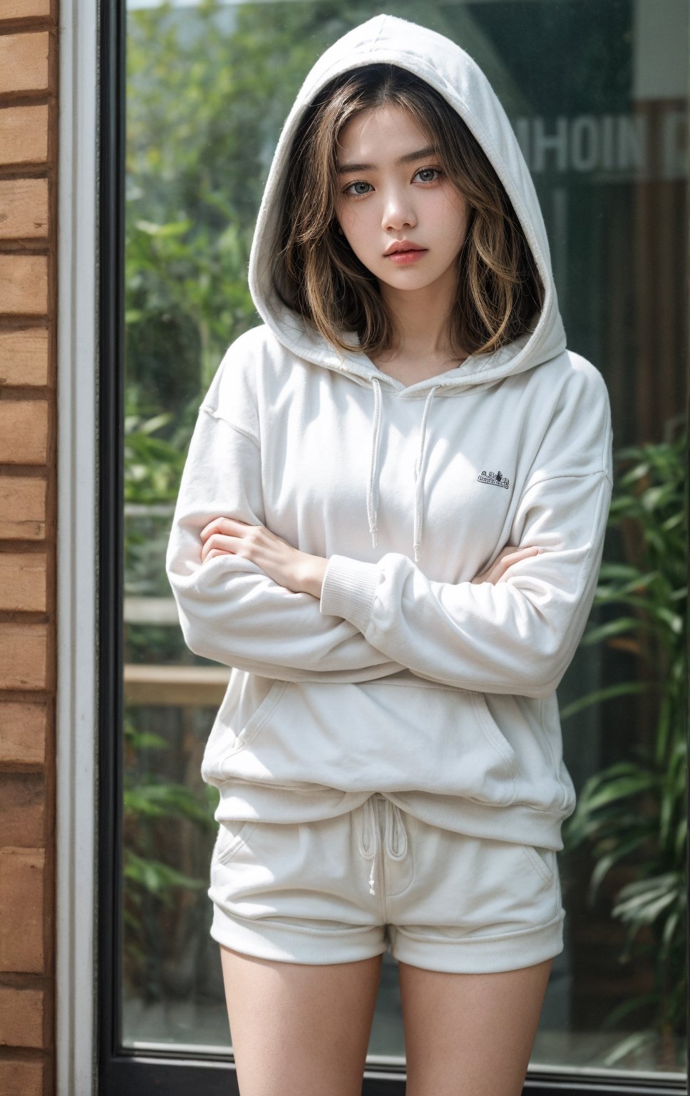 Generate hyper realistic image of a indonesian young girl with long, blonde hair and piercing blue eyes, standing outdoors near a window. She wears white shorts and a hoodie, the drawstring hanging loosely as she lifts her hood slightly, revealing a glimpse of sunlight on her face. With crossed arms and a slight head tilt, she gazes confidently at the viewer, her lips parted in a subtle expression.,1 girl ,Detailedface
