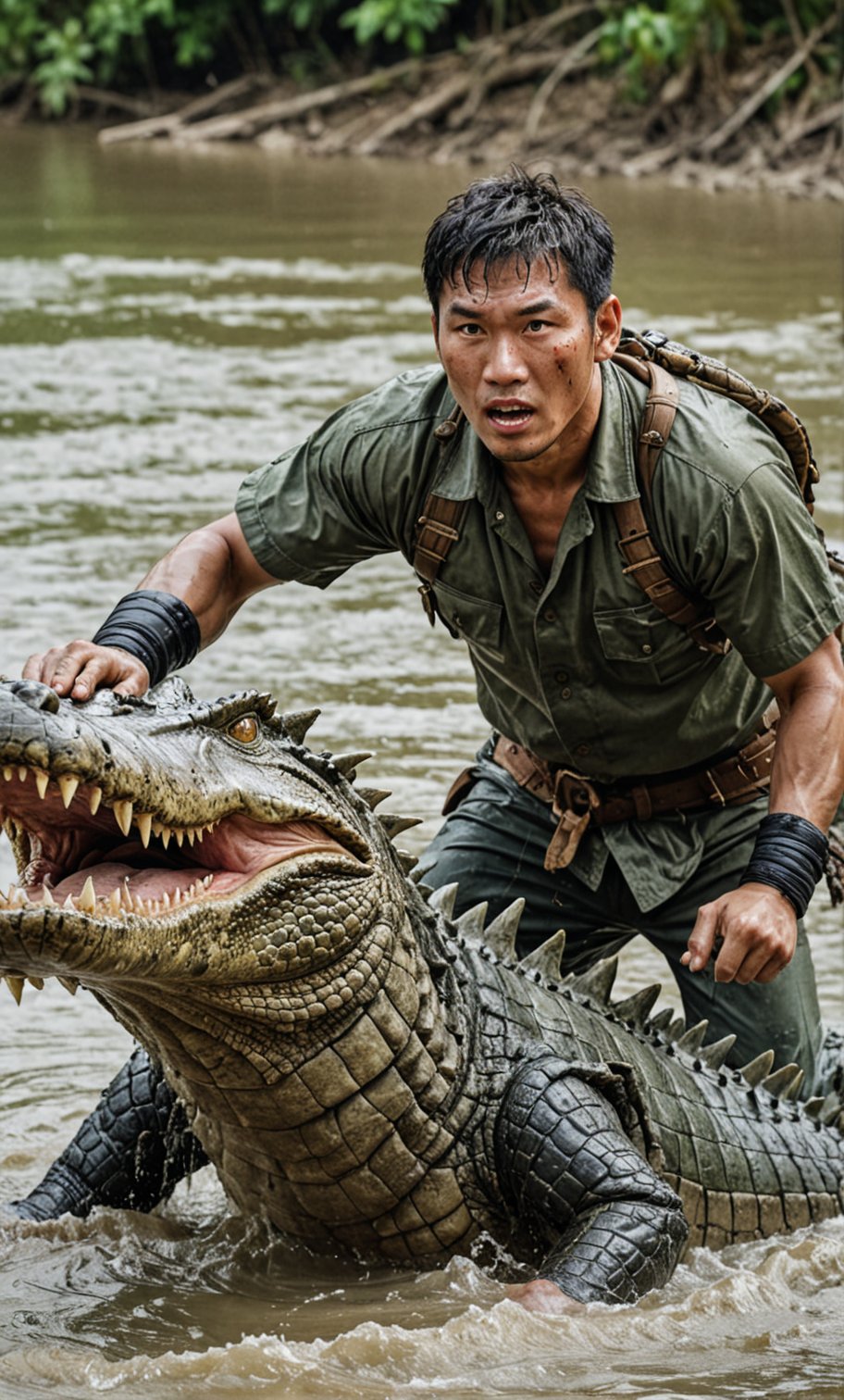 Asian man, warrior clothes, attacked by a big crocodile in the river, fighting, the picture looks real and clear, facial details, real life,