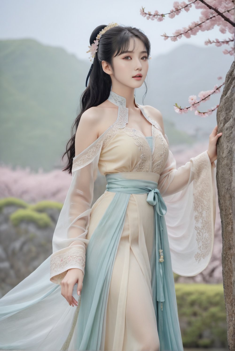 (full body shot:1.25)/(viewed from below). 1girl. A 17-years-old ethereal breathtakingly glamorous korean idol/(busty, black hair/(long ponytail:1.12), slim and tall perfect model body, an ethereal beautiful face/(translucent skin texture, porcelain skin tone), wearing hanfu/(song style outfits, chiffon, silk, lace)), award-winning photography, (hyperrealistic:1.2), looking at viewers, masterpiece, cherry blossom, depth of field, 8k uhd, high resolution, perfect detail, intricate detail, raw photo, photo_b00ster