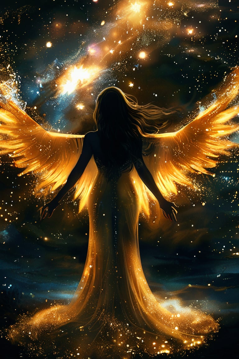 Midnight celestial beauty: a stunning golden angel emerges from the inky darkness, surrounded by a soft, gentle bioluminescence. Her long, flowing black locks cascade down her back like a dark waterfall, as stars twinkle above. Hands clasped in reverence, she radiates an ethereal glow, as if illuminated by the very heavens themselves.