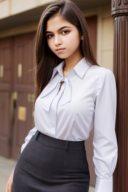 high school student,girl,school uniform(laced blouse and suit),at school gate,Best Quality, 32k, photorealistic, ultra-detailed, finely detailed, high resolution, perfect dynamic composition, beautiful detailed eyes, sharp-focus, cowboy_shot, 