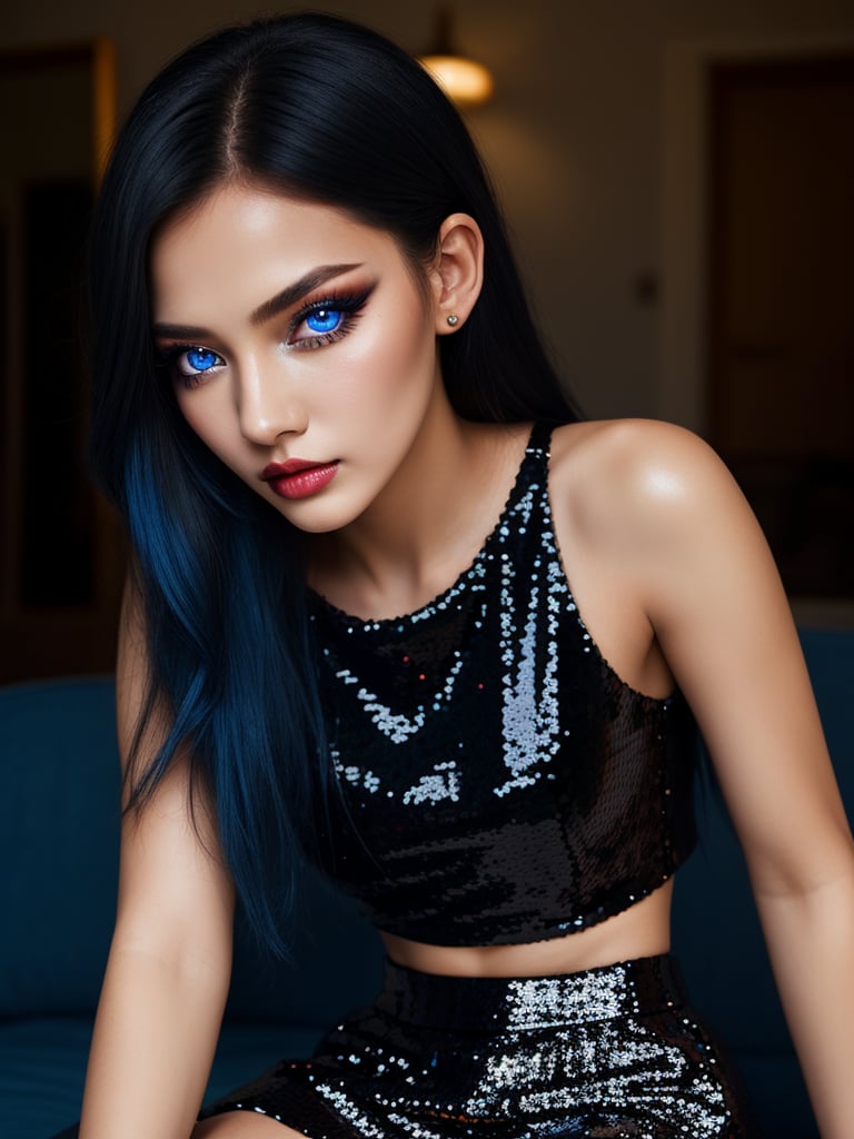 (masterpiece), 1girl, solo, mature, sexy, highly detailed face and eyes, professional makeup, black sequin sleeveless cropped top, skirt, blue-black dual tone long hair, glowing blue eyes
