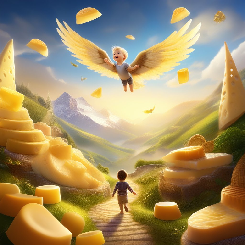 Create an image of a young child, with delicate wings made of vibrant feathers, soaring gracefully over a whimsical landscape composed entirely of various cheeses. The scene is brightly lit, showcasing the child's joyful expression and the intricate details of the cheese terrain, which includes Swiss cheese hills and cheddar pathways. The composition captures the child mid-flight, emphasizing the dreamlike quality of the setting.