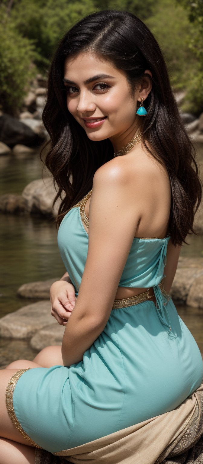 A serene 25-year-old beauty sits beside a tranquil river, her long black hair flowing like a dark waterfall down her back. Framed by healthy locks, her striking features shine with friendliness and warmth. Natural makeup enhances her expressive eyes, inviting the viewer to share in her tranquility. A beige dress with intricate details hugs her waist, its low-cut neckline adorned with delicate trim and fringe. A turquoise necklace and earrings add vibrancy against her porcelain skin. Her body turns slightly to the side, one hand resting on her knee while the other touches the ground, as she smiles warmly, radiating approachability and joy.