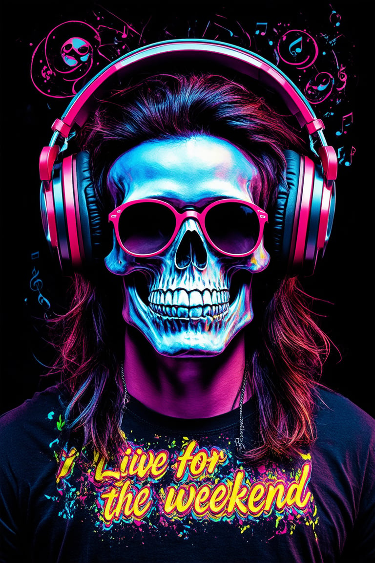 A dramatic, high-contrast, cinematic photograph of a T-shirt design, reminiscent of Christian Audigier's style, featuring a central skull wearing trendy, oversized headphones, surrounded by swirling acid smileys and musical notes in a psychedelic, graffiti-inspired pattern. The skull's eyes are shaded with trendy, oversized sunglasses, and its mouth is curved into a cool, laid-back smile. In the center of the design, bold, cursive script proclaims "I live for the weekend" in a metallic silver font, with subtle, shimmering highlights that catch the light. The overall aesthetic is photorealistic, with a subtle film grain texture that adds a nostalgic, retro vibe to the image, evoking the feeling of a vintage, grainy music video. The colors are vibrant and bold, with hot pinks, electric blues, and sunshine yellows that pop against a deep, midnight-black background, drawing the viewer's eye to the skull's cool, carefree expression