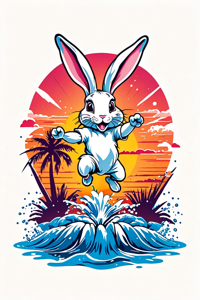 (best quality, 4k, 8k, highres, masterpiece:1.2), ultra-detailed,T-shirt design,illustration, a rabbit jumping out of the water with a sunset in the background and a palm tree,white background