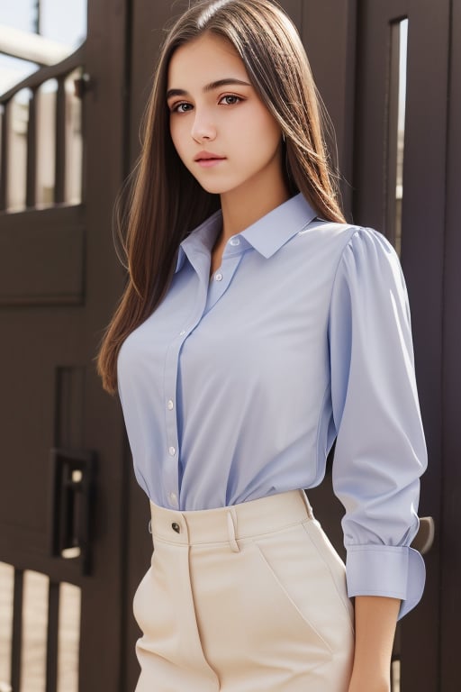 high school student,girl,school uniform(laced blouse and suit),at school gate,Best Quality, 32k, photorealistic, ultra-detailed, finely detailed, high resolution, perfect dynamic composition, beautiful detailed eyes, sharp-focus, cowboy_shot, 