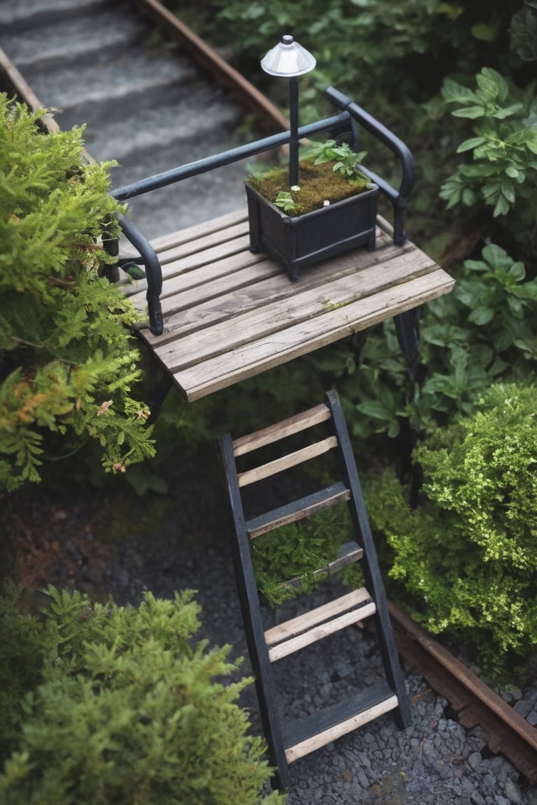 (8k, RAW photo, best quality, masterpiece:1.3), realistic, miniature,landscape, no humans, blurry, scenery, cup, stairs, plant, depth of field, artist name, ladder, table, ground vehicle, mug, motor vehicle, from above, outdoors, barrel, english text, chair, lamp, coffee, railroad tracks, building, tree, potted plant, ,isometric style,