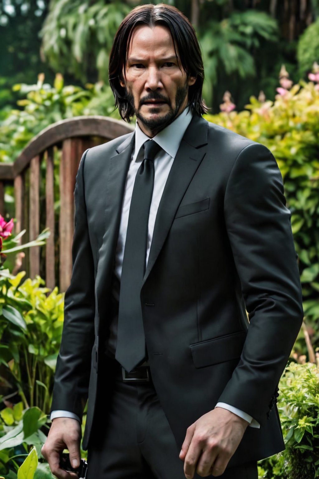 Prompt: john wick, wearing black suit , action pose, standing infront of a garden background