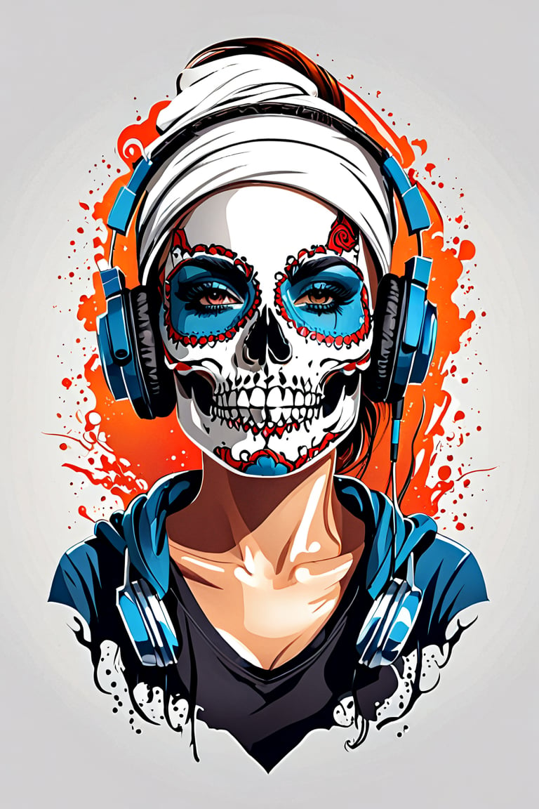 (best quality, 4k, 8k, highres, masterpiece:1.2), ultra-detailed,T-shirt design,illustration, a woman with a skull makeup and headphones on her head is wearing a cap,vector illustration,white background