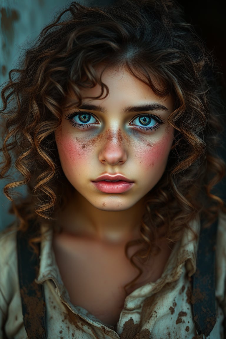 Ultra Realistic, Fujifilm XT3. Beautiful Eyes, Messy Curly Brown Hair, In a Dirty Torn Old Outfit, Shy, 1Girl, Only, Highly Detailed Skin: 1.2, With Bright Pink Cheeks. Plump. Dramatic edge light, Zeiss Lens, 8k UHD.
