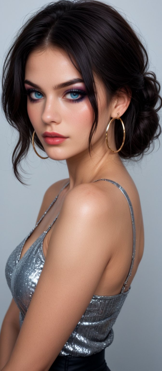 Tightly framed shot of a woman's determined face, piercing blue eyes blazing with intensity as she confronts the camera. Dark hair cascades around her shoulders, accentuating sharp facial features. Subtle makeup enhances her complexion, while dark nail polish adds sophistication. Hoop earrings create a visual axis, drawing attention to her unyielding stare. She stands confidently in a sleek black dress and matching pants, simplicity of attire emphasizing boldness of gaze.